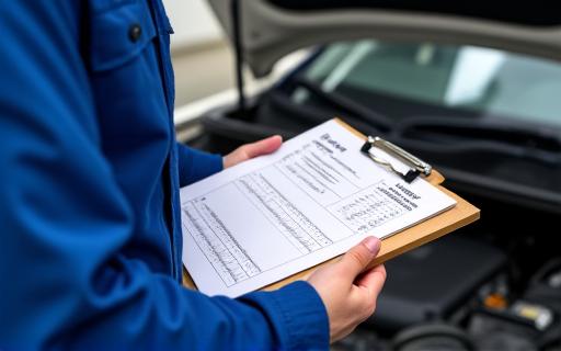 A technician checking off items on a logbook service checklist.
